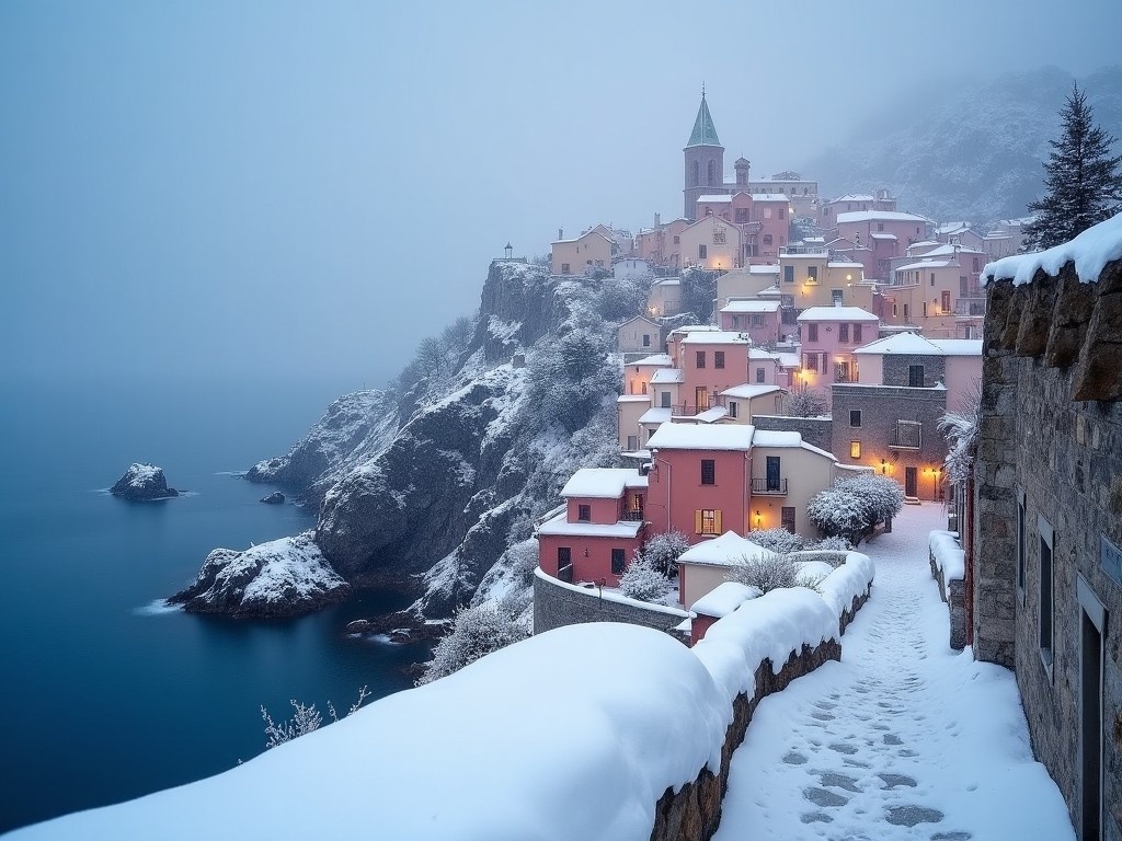 A picturesque winter scene of a snow-covered Mediterranean town by the sea. The town features charming pastel-colored buildings nestled on a cliffside, covered in a blanket of fresh snow. Soft lighting enhances the tranquil atmosphere, with the sea gently lapping at the rocky shore below. The view is captured in a serene and peaceful moment, inviting viewers to imagine the beauty of winter in this unique location. The combination of snow, architecture, and coastal scenery creates a stunning visual experience.