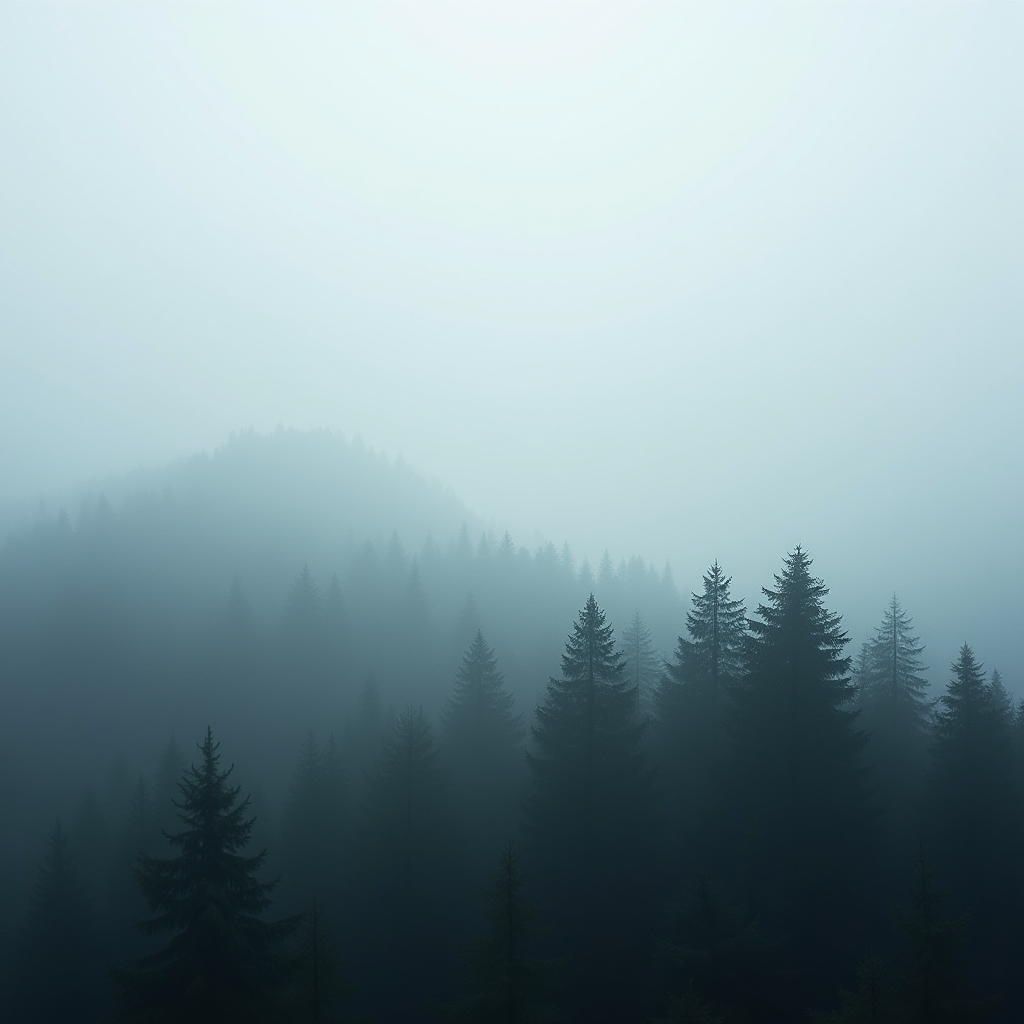 A serene forest covered in a blanket of thick fog.