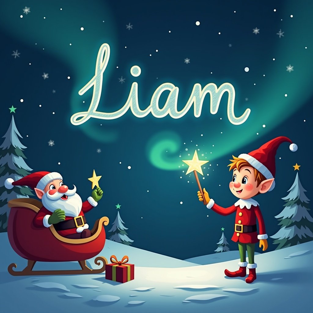 Elf uses magic wand to write Liam in the starry night sky. Santa Claus in sled nearby. Background has Christmas trees and cozy atmosphere.