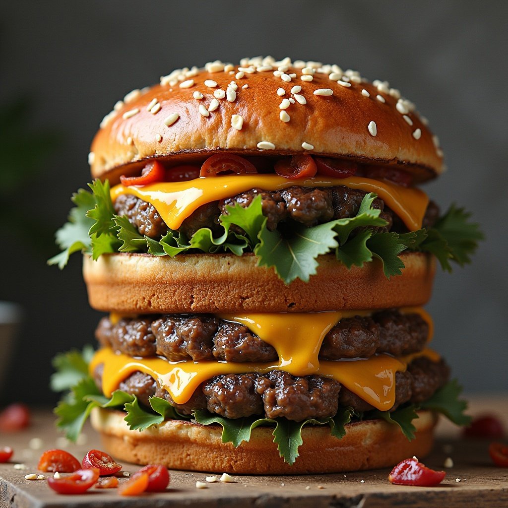 Big burger with multiple layers. Three beef patties with melted cheddar cheese. Fresh lettuce and sliced tomatoes. Soft sesame seed bun. Close-up food photography with a rustic background.