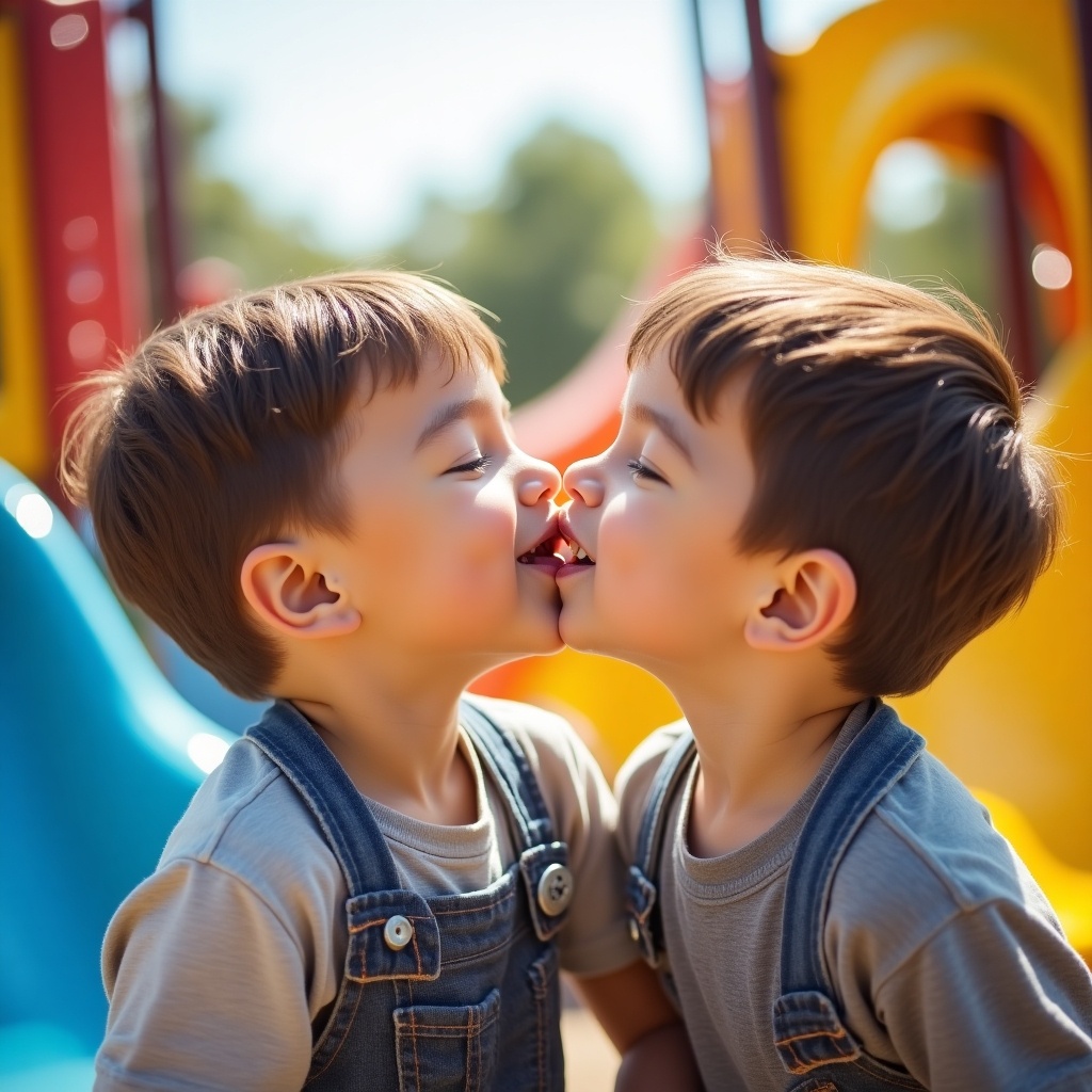 A heartwarming moment between two little boys in a colorful playground. They are playfully kissing each other on the lips. Surroundings include slides and other play equipment. The boys express joy and innocence. Bright sunlight enhances the vibrant colors. Represents childhood friendship and love.