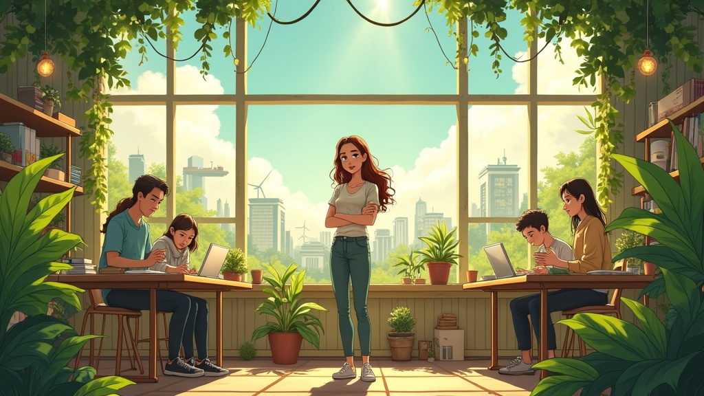 A solarpunk-inspired comic-style illustration shows a beautiful young entrepreneur in an eco-friendly workshop. She stands confidently in the sunlight with her happy employees at work. Recycled and natural materials are used for sustainable products. Large windows reveal a green city with rooftop gardens, wind turbines, and solar panels. Lush plants symbolize growth and harmony. The artwork has soft painterly textures and a warm, inspiring atmosphere.