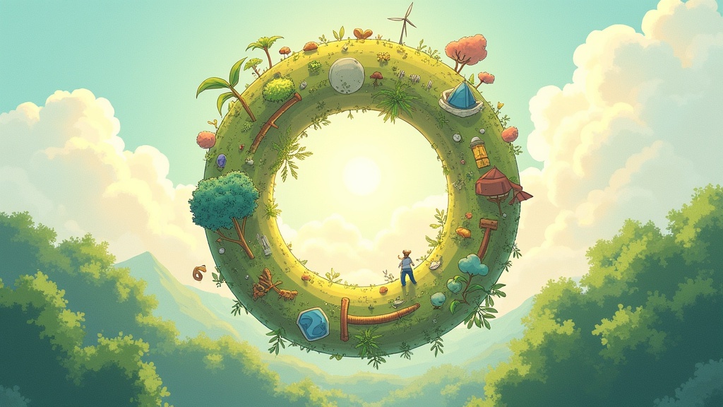 Infographic design inspired by solarpunk. Depicts Doughnut Economics concept in lively Ghibli style. Outer circle shows ecological sustainability with nature symbols. Inner circle highlights human needs like education and health. Uses soft textures and a warm color palette. Evokes a positive and hopeful atmosphere. Features organic shapes and flowing elements.