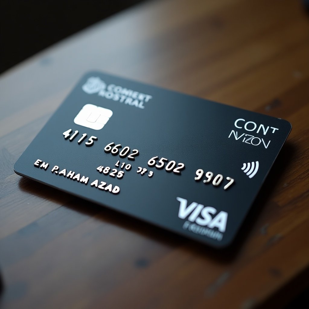 This image features a black Visa credit card laid on a wooden table. The card prominently displays the name 'Parham Azad' along with various details like card number and expiration date. The design is sleek and modern, showcasing the banking institution's logo. The soft natural lighting adds a touch of elegance to the composition. The focus is on the unique features of the card, emphasizing its premium quality.