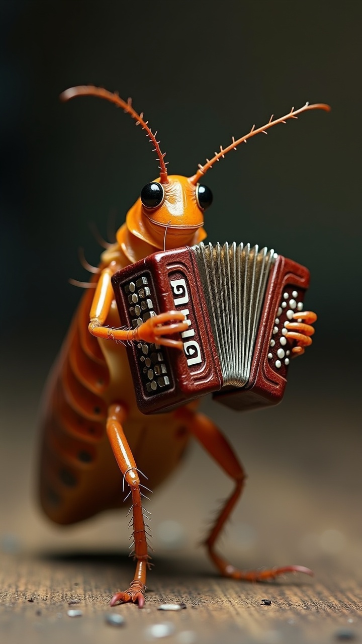 A cockroach playing a small accordion in a whimsical and imaginative scene.