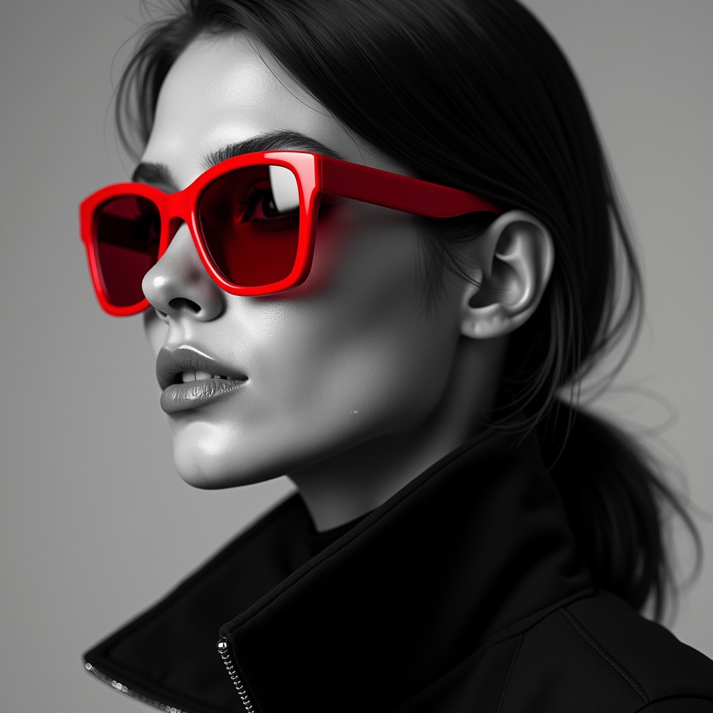 This image features a striking portrait of a model wearing bold red sunglasses. The model is styled with a sleek black jacket, which creates a strong contrast against her pale skin. The monochrome effect enhances the overall aesthetic, focusing on the colors red and black. The lighting is dramatic, highlighting her facial features and the shiny sunglasses. This composition exudes a sense of modernity and elegance, making it suitable for fashion-related themes.