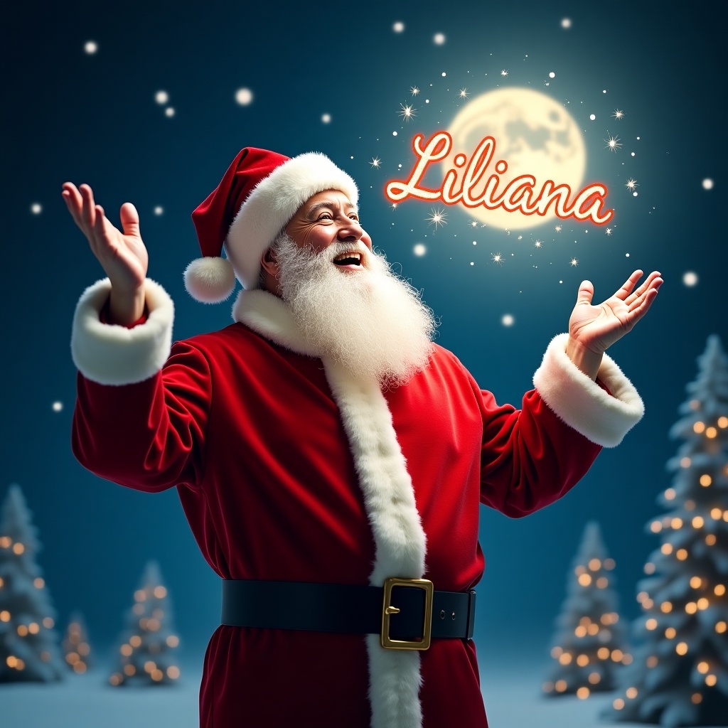 The image features a joyful Santa Claus in his classic red suit and fluffy white trim. He is standing against a magical night sky with twinkling lights resembling stars in the background. Santa is writing the name 'Liliana' in the air with sparkles in an enchanting display. The scene is illuminated by a bright moon, adding to the festive ambiance of red and white. This artistic portrayal captures the spirit of Christmas and the joy of giving, radiating warmth and happiness.