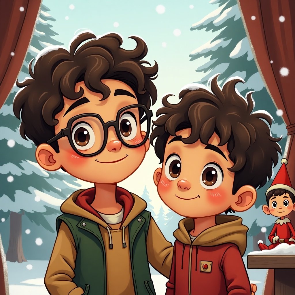 Disney Pixar inspired cartoon style sketch features two boys. One boy has short wavy brown hair and brown eyes wearing glasses. The other has short curly brown hair and brown eyes. Background shows North Pole with elf on the shelf.