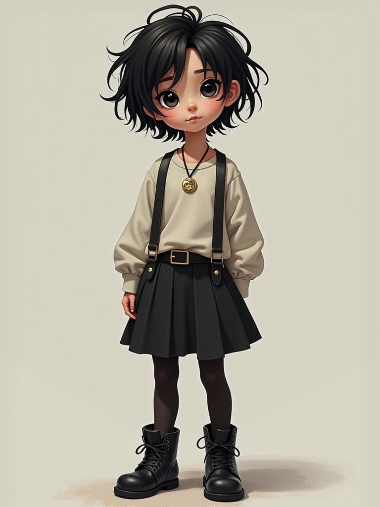 Character named Sylvia wears a black skirt with straps. She has messy black hair and black eyes. She wears tights and black boots. She wears a necklace.