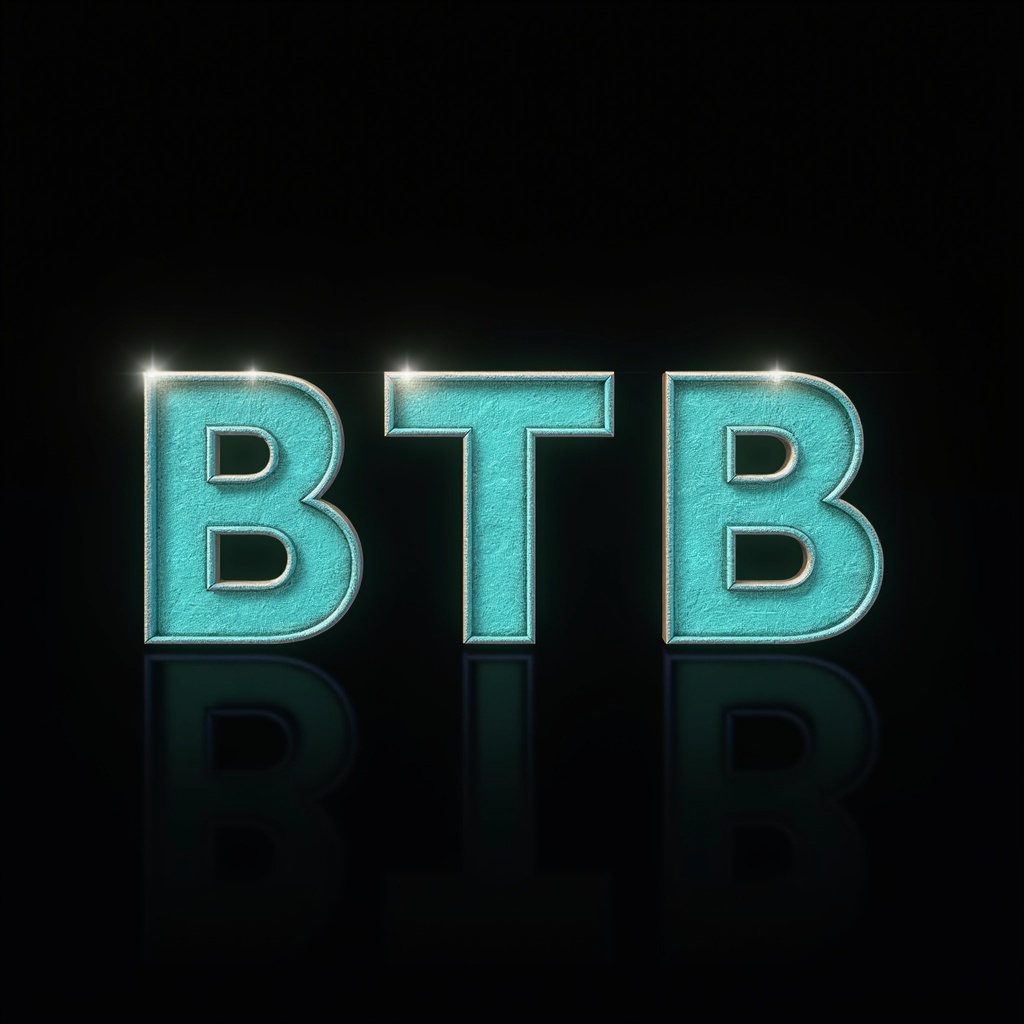 This image presents the letters BTB in a vintage gilded nostalgia style. The letters glow with blue and teal light against a black background. The design evokes elegance and sophistication. The letters are reflective and uniform in size, creating a luxurious contrast.