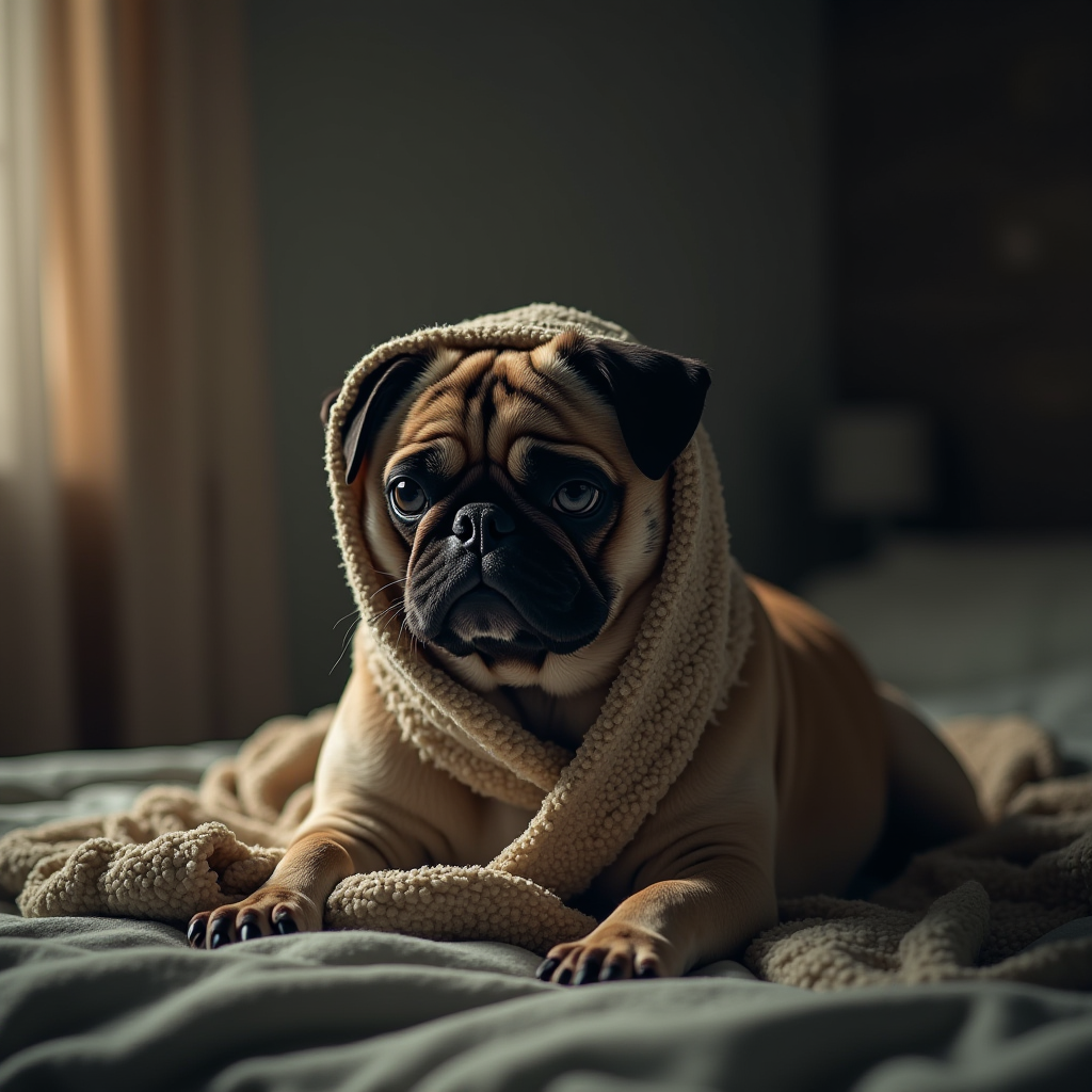 A pug sits on a bed, wrapped cozily in a soft, beige blanket with ambient light creating a warm atmosphere.