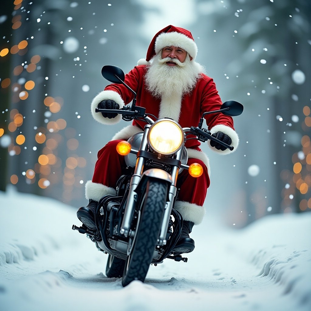 Santa Claus in a red and white costume riding a BMW motorcycle through a snowy landscape with a blurred forest background and festive lights.