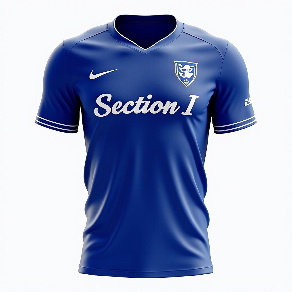 The image shows the front of a sports jersey. The jersey is a bold royal blue color with the text 'Section I' in a sleek font across the chest. The left side has a team logo, and the sleeves feature a symbol of strength. The back displays a player name and number in white font. It has a V-neck collar with contrasting trim and is made from lightweight breathable fabric that wicks moisture.