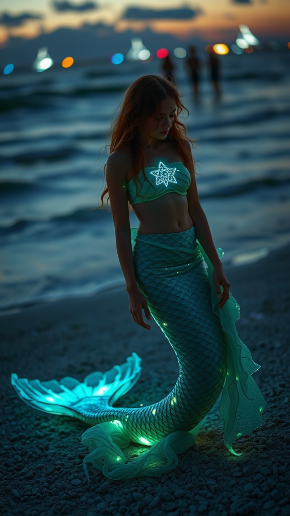 A mystical mermaid with a glowing tail stands on a pebbled beach at sunset.