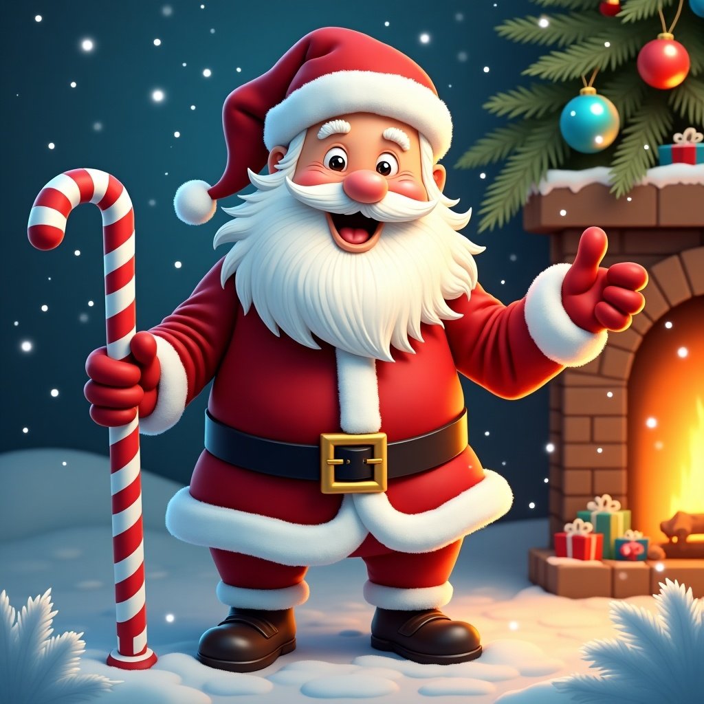 Illustration of a jolly Santa Claus standing by a decorated fireplace. Candy cane in hand. Snowy background with Christmas tree.