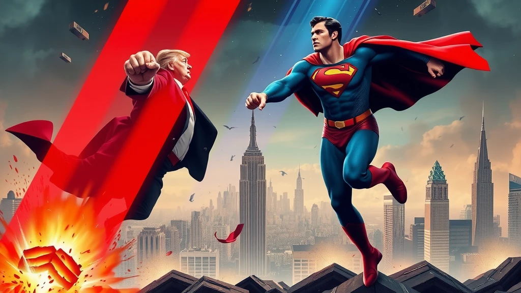 A fantastical depiction of a superhero facing off against a business figure over a cityscape.