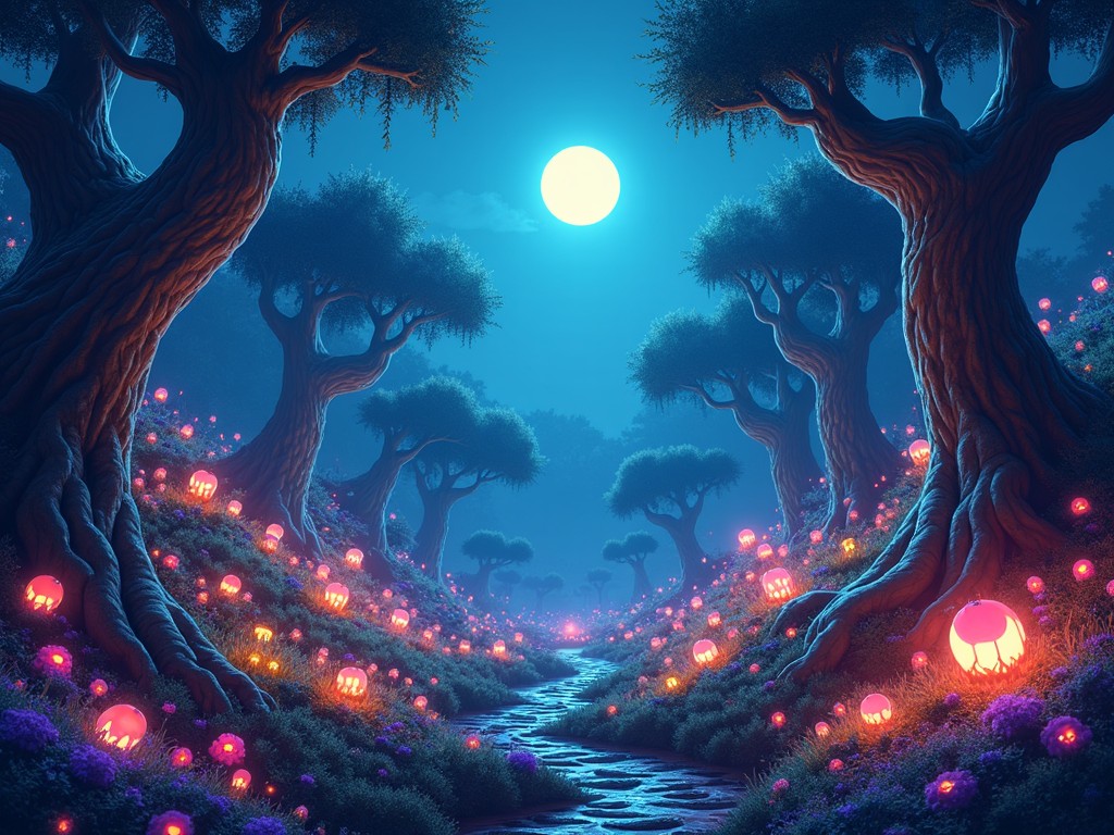 an enchanted forest at night, with glowing orbs illuminating the path and ancient trees lining the way, under a full moon