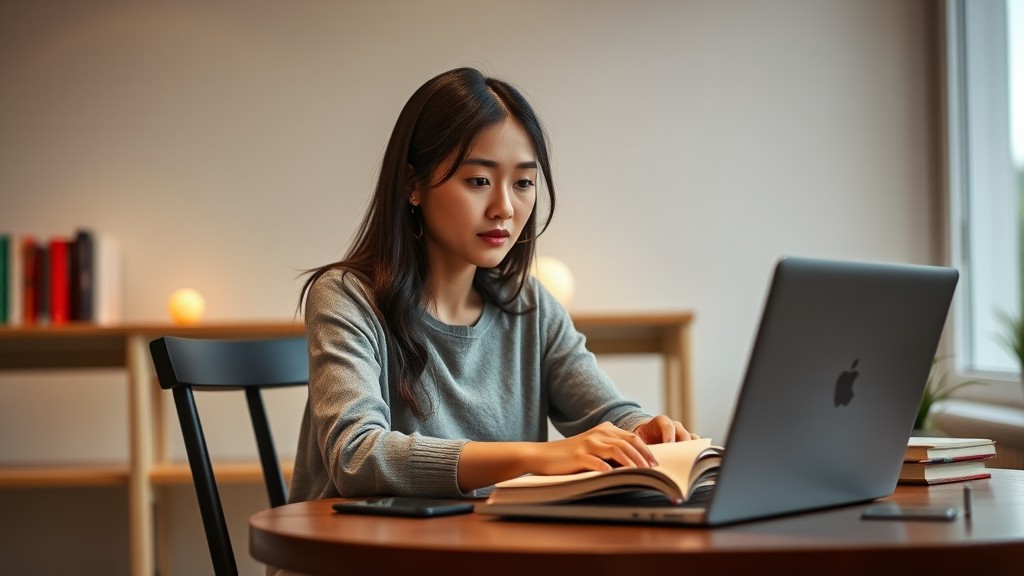 A young woman intently studying with a laptop and a book in a cozy room.