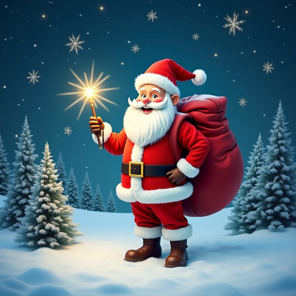 Cheerful Santa Claus stands in a snowy landscape. Santa carries a large red sack over his shoulder. He holds a shiny wand. Dressed in traditional red and white outfit. Night sky is filled with twinkling stars. Pine trees are scattered across the ground.