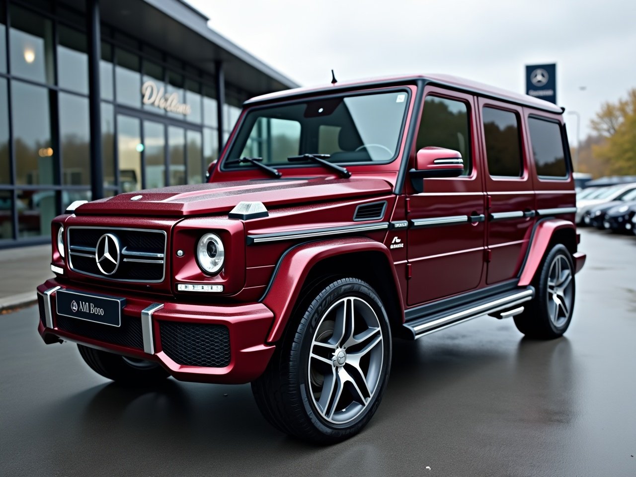 Photorealistic image of a dark bordeaux Mercedes G63 AMG with silver 5-double spoke wheels. Night package without chrome elements. Car is parked at Mercedes dealership. Background shows parked cars under cloudy sky in late afternoon light.