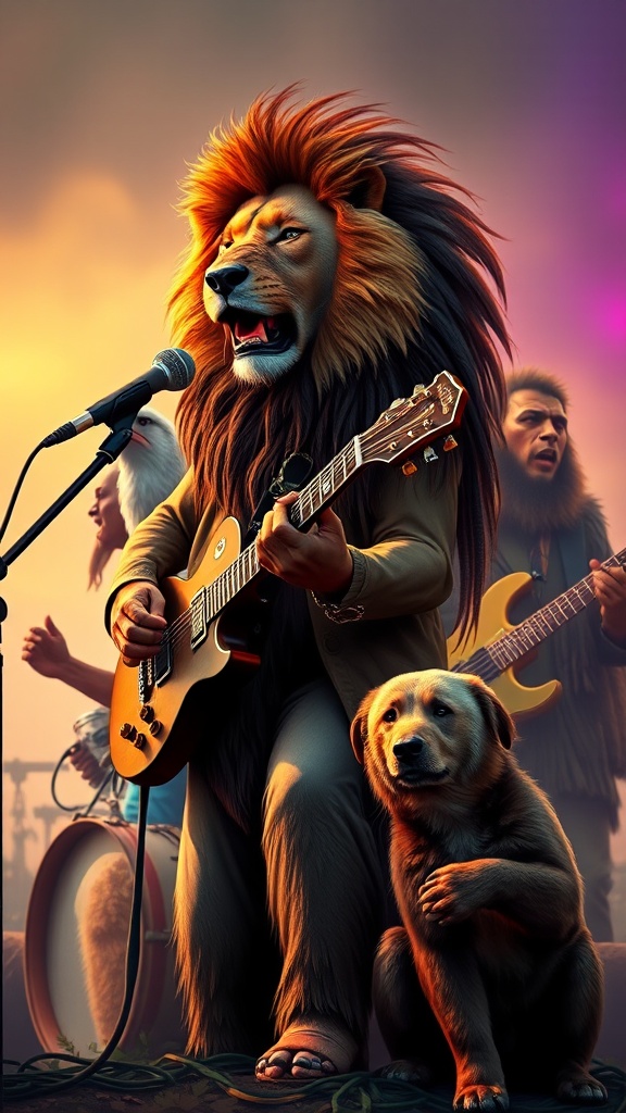 This vibrant digital illustration features an anthropomorphic lion as the lead singer and guitarist of a rock band. The lion is passionately performing on stage, surrounded by fellow band members who are also animals. The scene is set in an outdoor concert, with the warm glow of stage lights adding a dynamic atmosphere. A bear plays a supportive role, possibly as a band member or companion.