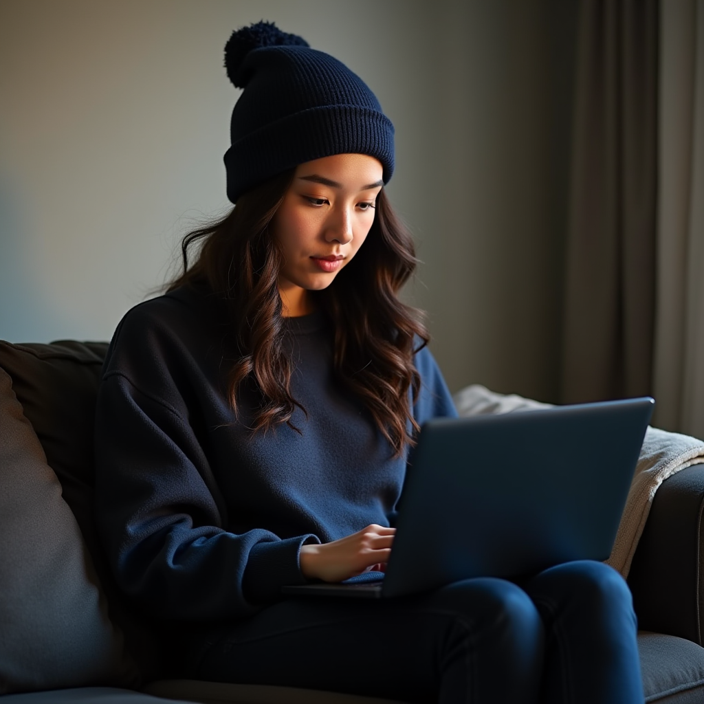 A person in a beanie is using a laptop on a comfortable couch, absorbed in their work.