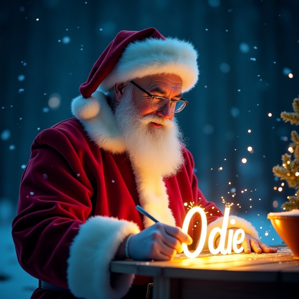 Santa Claus with glasses writes names in sparkling lights during a starry night. The name Odie shines with elegance. The scene evokes magic and fairy tale vibes.