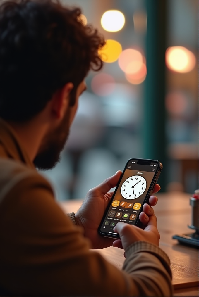 A person is holding a smartphone displaying an analog clock app, sitting in a cozy, softly lit environment.