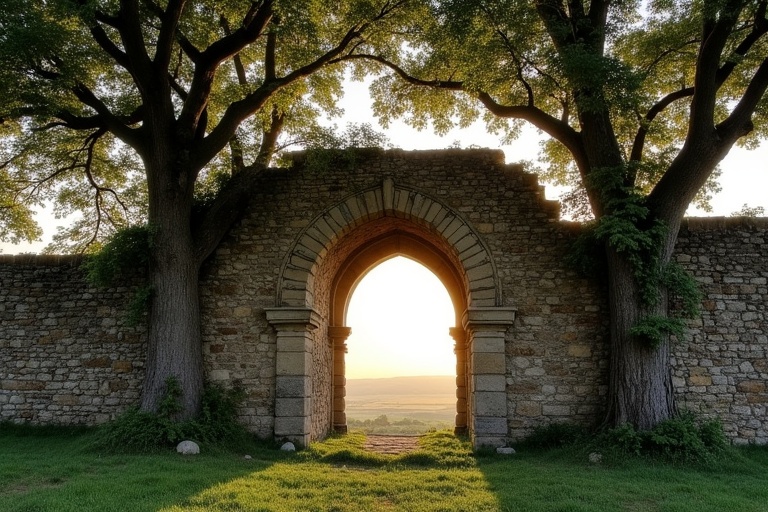 Ruined ancient wall with large box trees. Wall overgrown with wild vines and moss. Romanesque glassless double-arched window visible. Background shows wide plain with fields. Late summer evening with golden sunlight illuminating top of wall and tree leaves. Minimal ground vegetation.