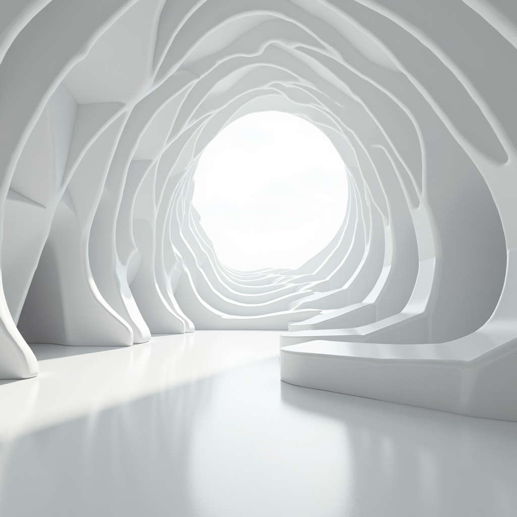 The image depicts a serene, minimalist representation of an ice tunnel. The smooth, undulating walls create a series of concentric ovals leading into the light, giving the impression of depth and tranquility. The entire scene is bathed in a soft, diffused white light that enhances the clean, modern aesthetic. The glossy, reflective floor mirrors the subtle curves of the walls, adding a sense of continuity and infinity to the space.