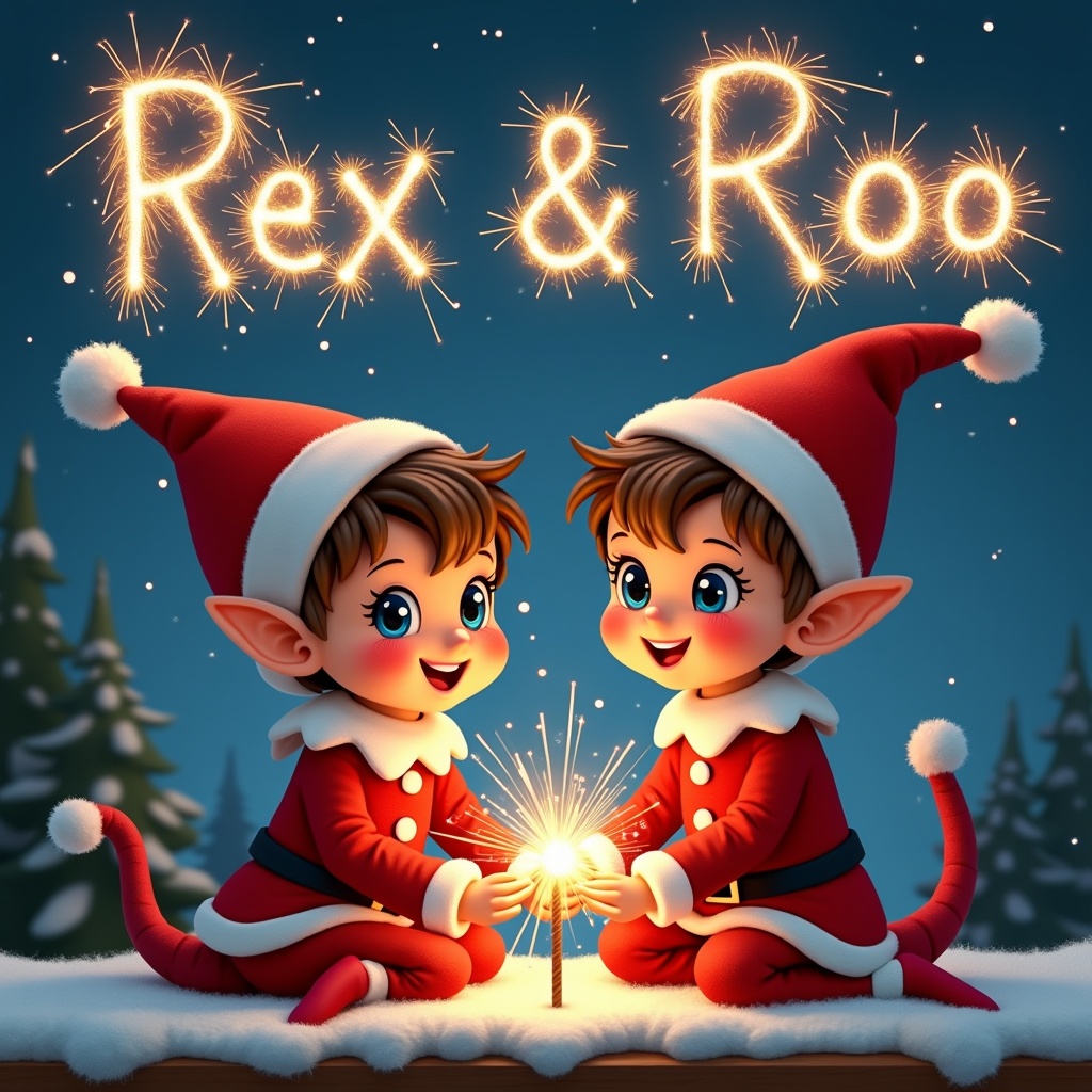 The image features two adorable children, a boy and a girl, aged three, dressed in matching Santa outfits with hats. They have brown hair and bright blue eyes, and they are joyfully holding a sparkler together. Above them, the names 'Rex & Roo' are written in sparkling lights against a starry night sky. The background is decorated with green trees and snow, enhancing the Christmas theme. The overall atmosphere is magical and festive, perfect for the holiday season.