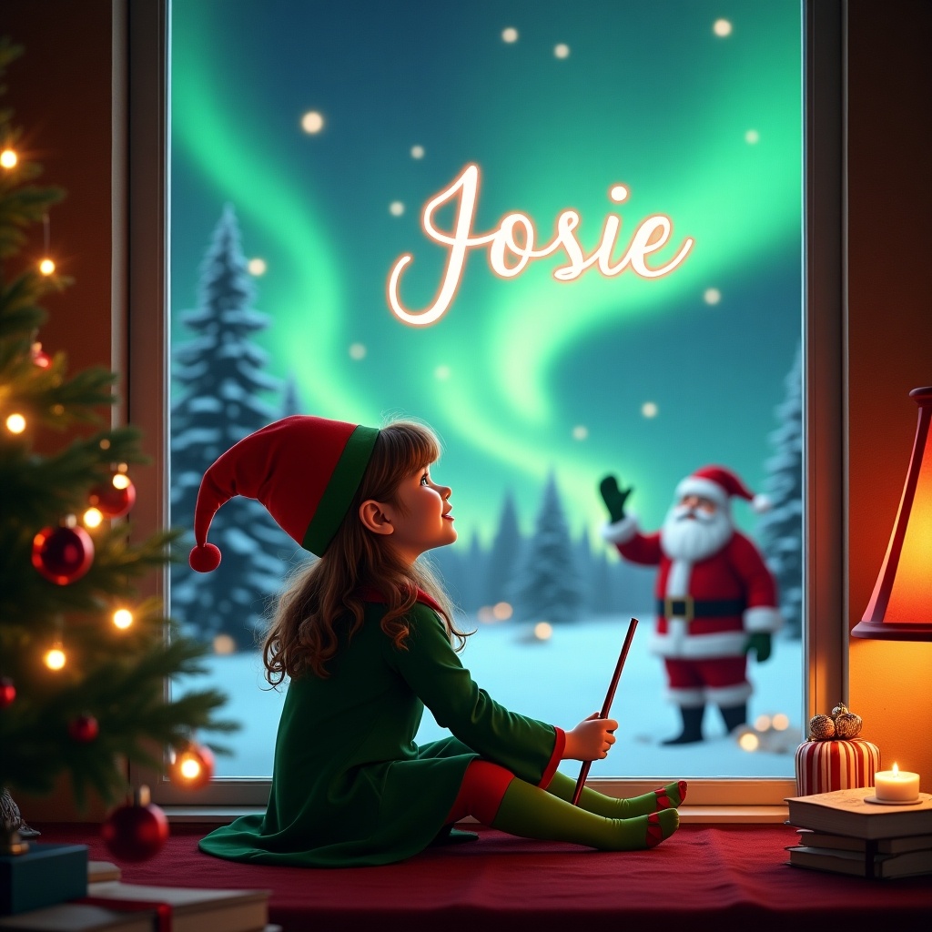 This image captures a magical Christmas scene featuring a girl dressed as an elf. She is sitting by a window, turning her back to the viewer, gazing upwards with awe. In her hand, she holds a wand and is writing the name 'Josie' in the sky. Outside the window, a beautiful display of northern lights illuminates the scene. In the distance, Santa Claus can be seen, enhancing the holiday cheer. The room around her is warmly decorated, creating a cozy atmosphere filled with festive spirit.