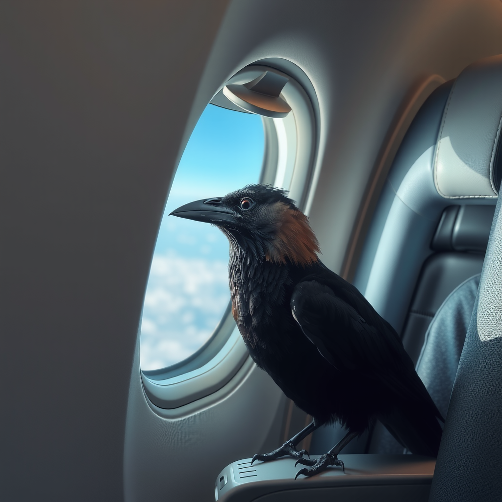 A crow perched inside an airplane seat, gazing out the window at the clouds.