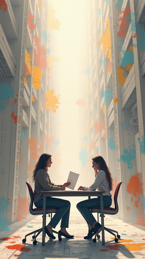 Two women are engaged in a conversation at a small table in a modern, high-ceilinged corridor with colorful splashes of paint on the walls.