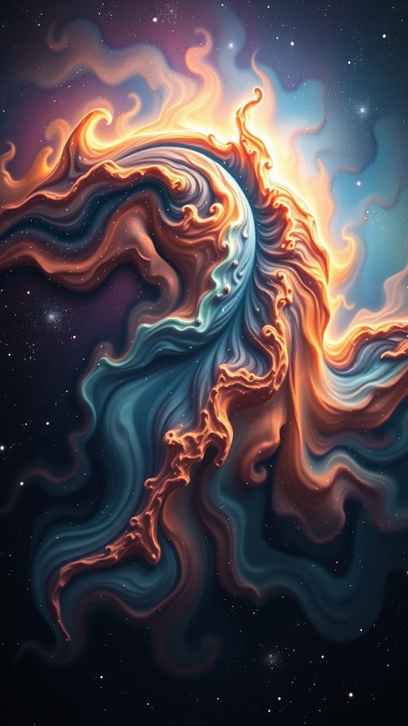 A mesmerizing abstract depiction of swirling cosmic and fiery waves against a starry sky.