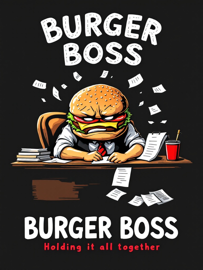 Illustration of a burger character sitting at a desk covered with papers. The burger looks stressed while wearing a suit. Caption includes 'Burger Boss: Holding it all together'.