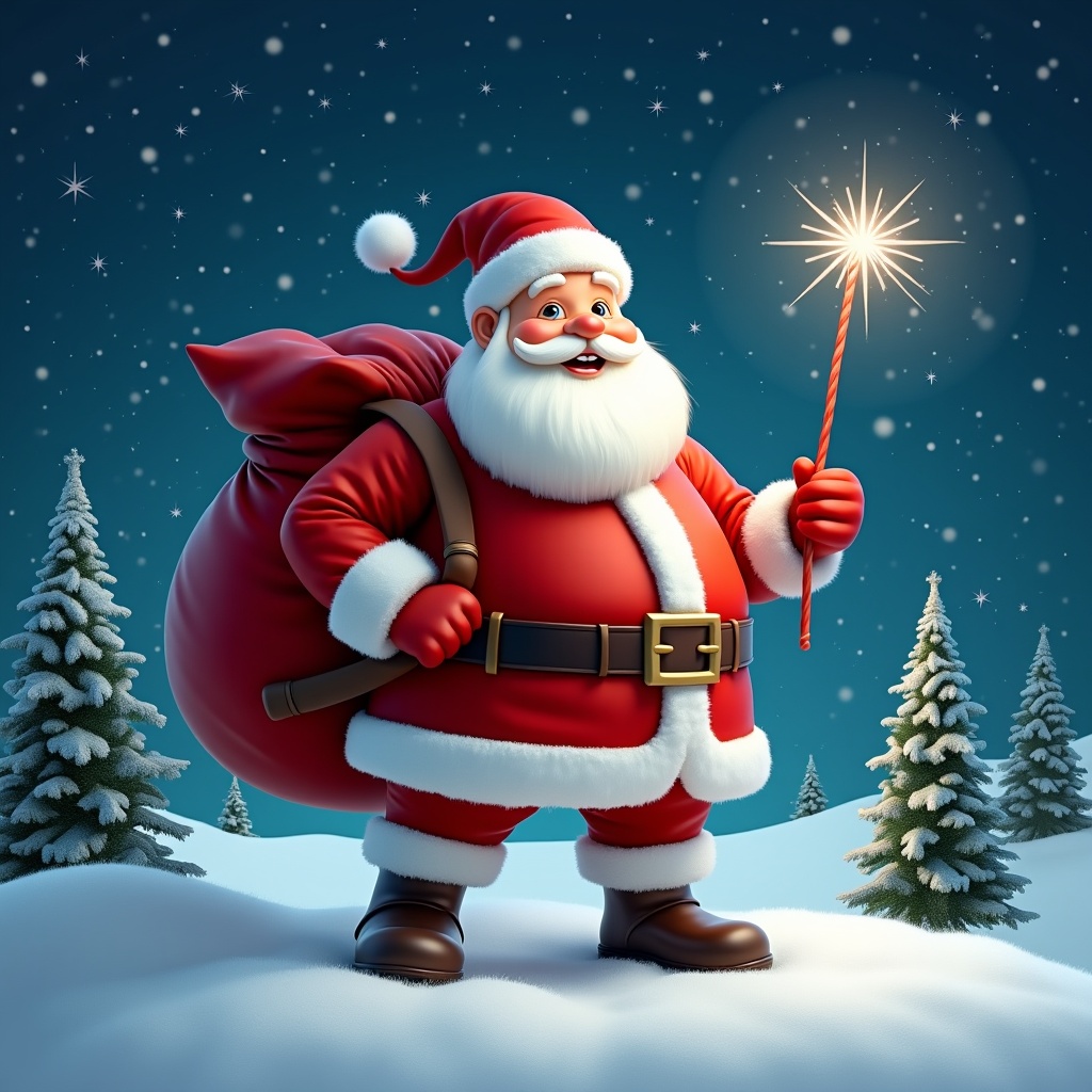 The image features a cheerful Santa Claus standing in a snowy landscape. He has a large red sack slung over his shoulder and is holding a sparkly wand. Santa is dressed in his traditional red and white outfit, complete with a belt and boots. Behind him, the night sky is illuminated with twinkling stars. Pine trees dot the snowy ground, encapsulating a festive winter atmosphere.