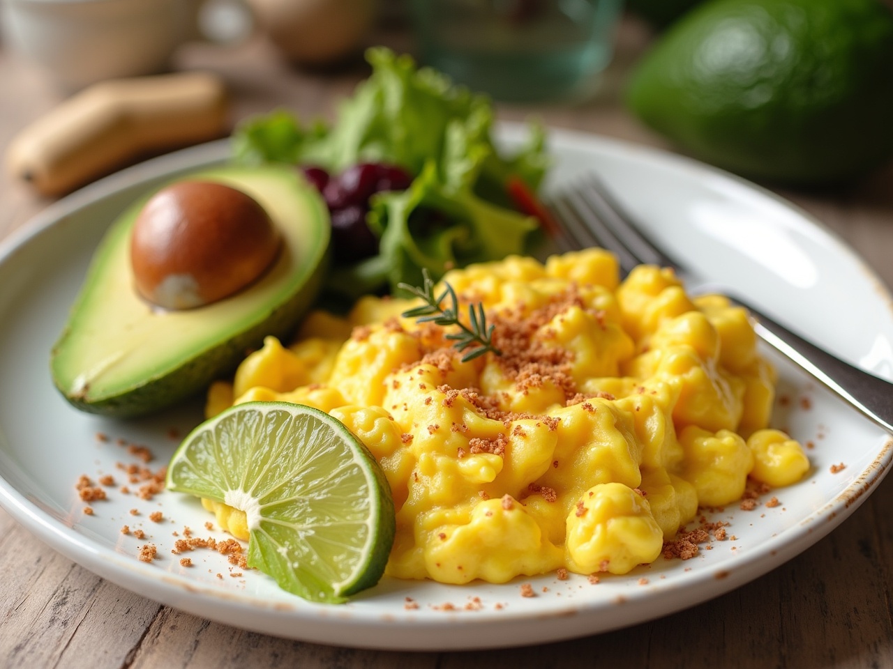 This image showcases a delicious plate of scrambled eggs served with half an avocado and a fresh green salad. The scrambled eggs are fluffy and rich, garnished with a sprinkle of seasoning. Next to the eggs is a portion of avocado, sliced in half to reveal the smooth, creamy inside. A small lime wedge adds a pop of color and a hint of acidity. The vibrant greens of the salad contrast beautifully with the warm yellow of the eggs. This dish is arranged on a white plate, set against a rustic wooden background, enhancing the fresh and inviting feel of the meal.