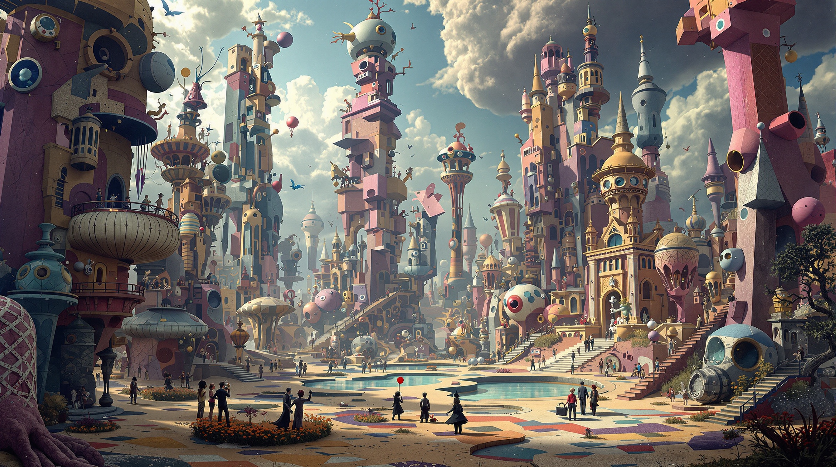 Surreal art scenery with fantastical and whimsical structures. Represents a vibrant creative world inspired by Commedia dell'Arte. The style is influenced by Wojtek Siudmak. The image features towering colorful buildings and whimsical elements. A crowd of figures strolls by a reflective pool.