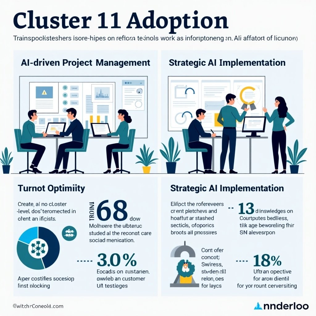 Infographic illustrating Cluster 11's AI adoption data. Highlights include statistics on AI-driven project management and strategic AI implementation. Visual emphasis on training options and organizational perspectives. Infographic design uses blue and green color tones.