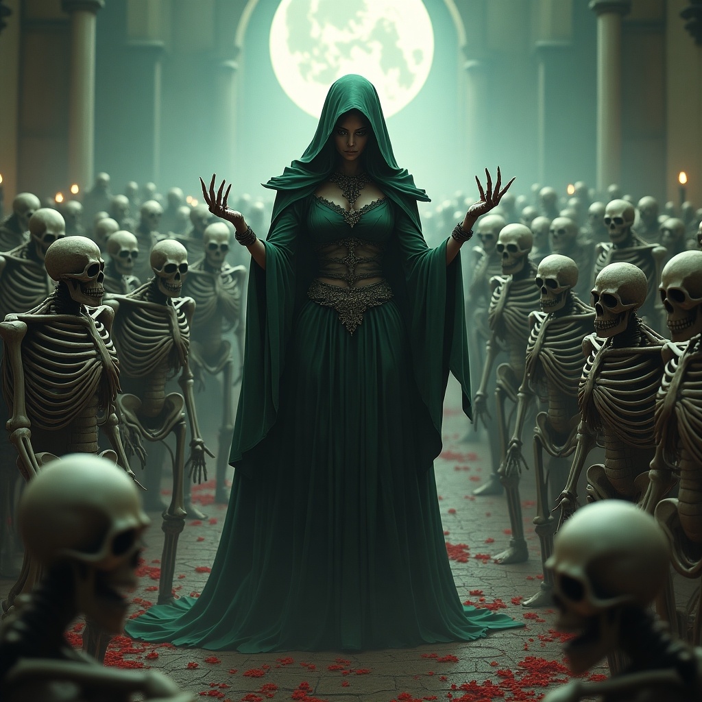 A witch in the center wearing a green cloak surrounded by many skeletons. The scene depicts a gathering of undead listening to her as she embodies a minion god. The atmosphere is dark and mystical, enhanced by an eerie full moon.