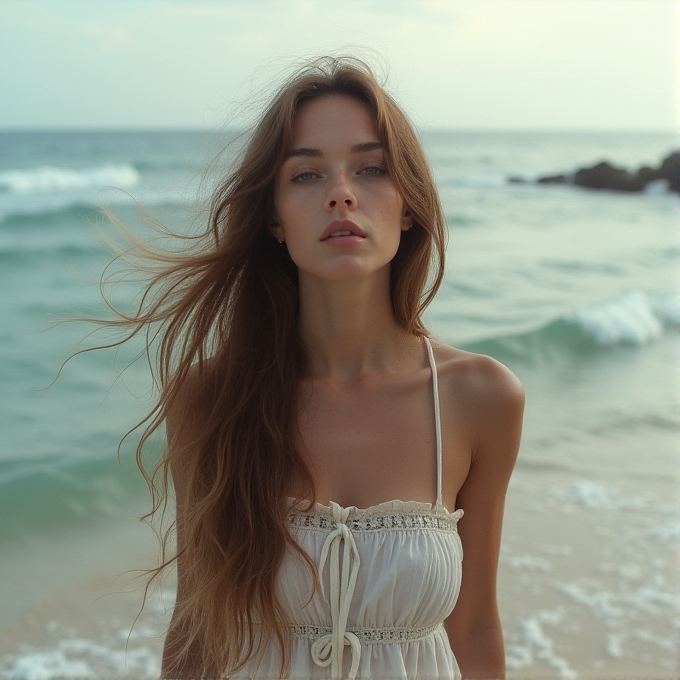 A woman with long hair stands on a beach with waves crashing behind her.