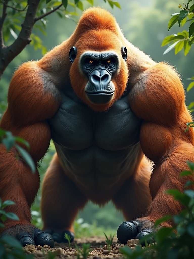 Powerful muscular gorilla displayed in jungle setting. Notable muscle definition and fierce expression. Fluffy fur in orange and brown tones with contrasting green foliage. Background filled with lush greenery. Soft lighting casts dramatic effect on gorilla.