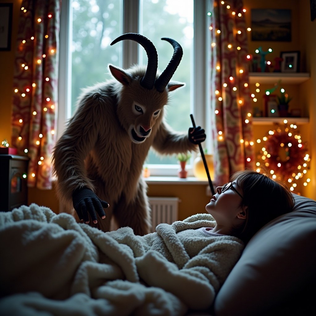 Image of a humanoid goat-like creature known as Krampus. The creature is furry with horns. Holding a black whip. Entering a house through the window. Inside, a girl with long dark brown hair and glasses lies under a blanket on a couch. Colorful Christmas lights adorn the room.