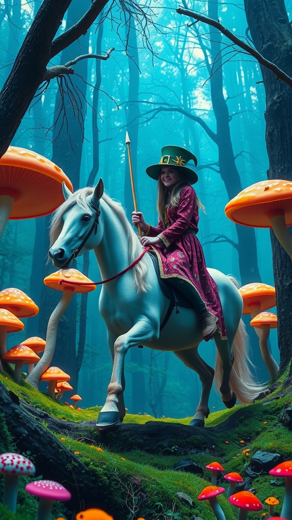 A young girl dressed in a whimsical outfit rides a white horse through a magical forest. The scene is filled with gigantic, brightly colored mushrooms and lit by an ethereal blue light filtering through the trees. The girl's attire, including a tall hat with a golden buckle, adds to the fantastical feel of the image.