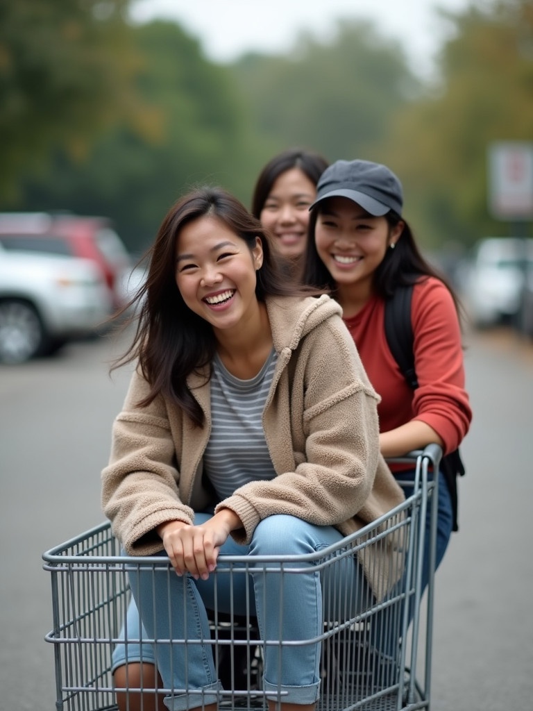 Three individuals enjoy a ride in a shopping cart on the street. The atmosphere indicates a fun, carefree moment. They are in an outdoor setting, possibly during a college event. The background shows a parking lot with vehicles. A mix of urban elements creates a lively scene.