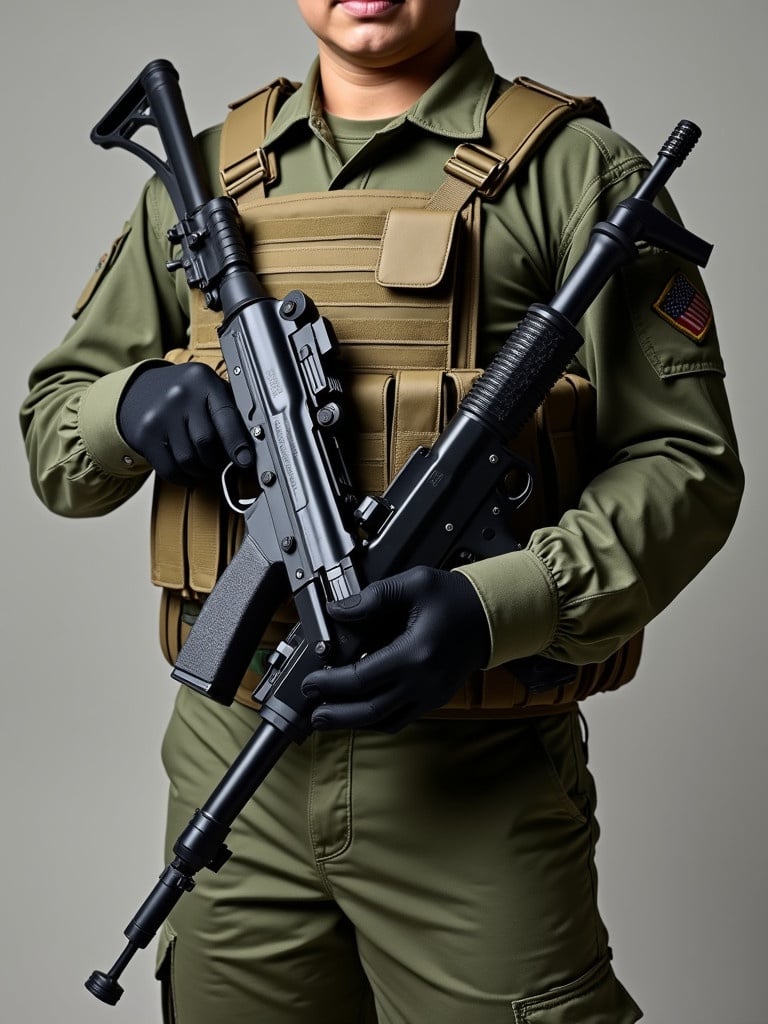 Military personnel confidently holding two submachine guns. Gloved hands gripping firearms. Tactical vest with gear pouches. Neutral background to emphasize individual and weapons.