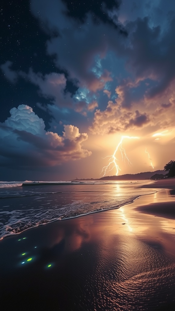 This stunning image captures a beach during a dramatic lightning storm at dusk. The sky is split between dark starry areas and bright, vibrant clouds lit by flashing lightning. The beach's wet sand reflects the warm glow of the lightning, creating a captivating interplay of light and shadow.