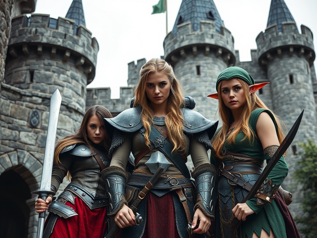 Three fierce fantasy warriors stand confidently in front of a stone castle.