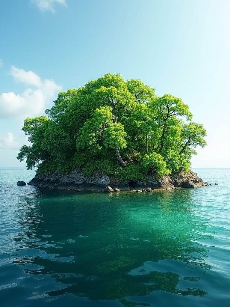 Lush island in Kerala filled with vibrant green trees. Calm water surrounds the island. Shadows dance in the sea creating a serene atmosphere. Clear blue skies complement the scenic view.